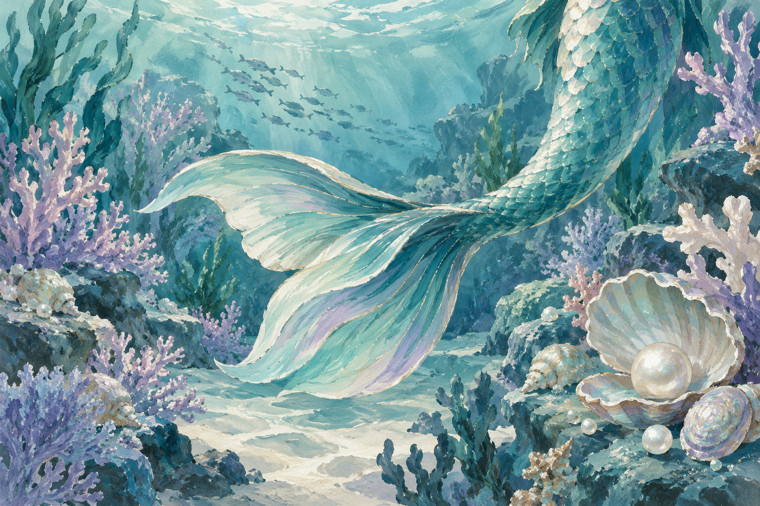 elegant illustrated mermaid tail moving among coral and pearl-like shells, teal lavender and seafoam, dreamy gouache
